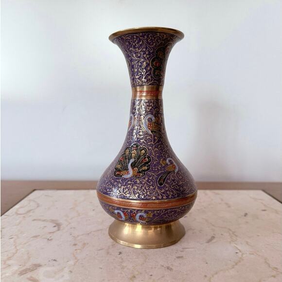 Vintage Indian Brass Vase Hand Etched Peacock Floral Design Meenakari Enamel 7” - Picture 5 of 7